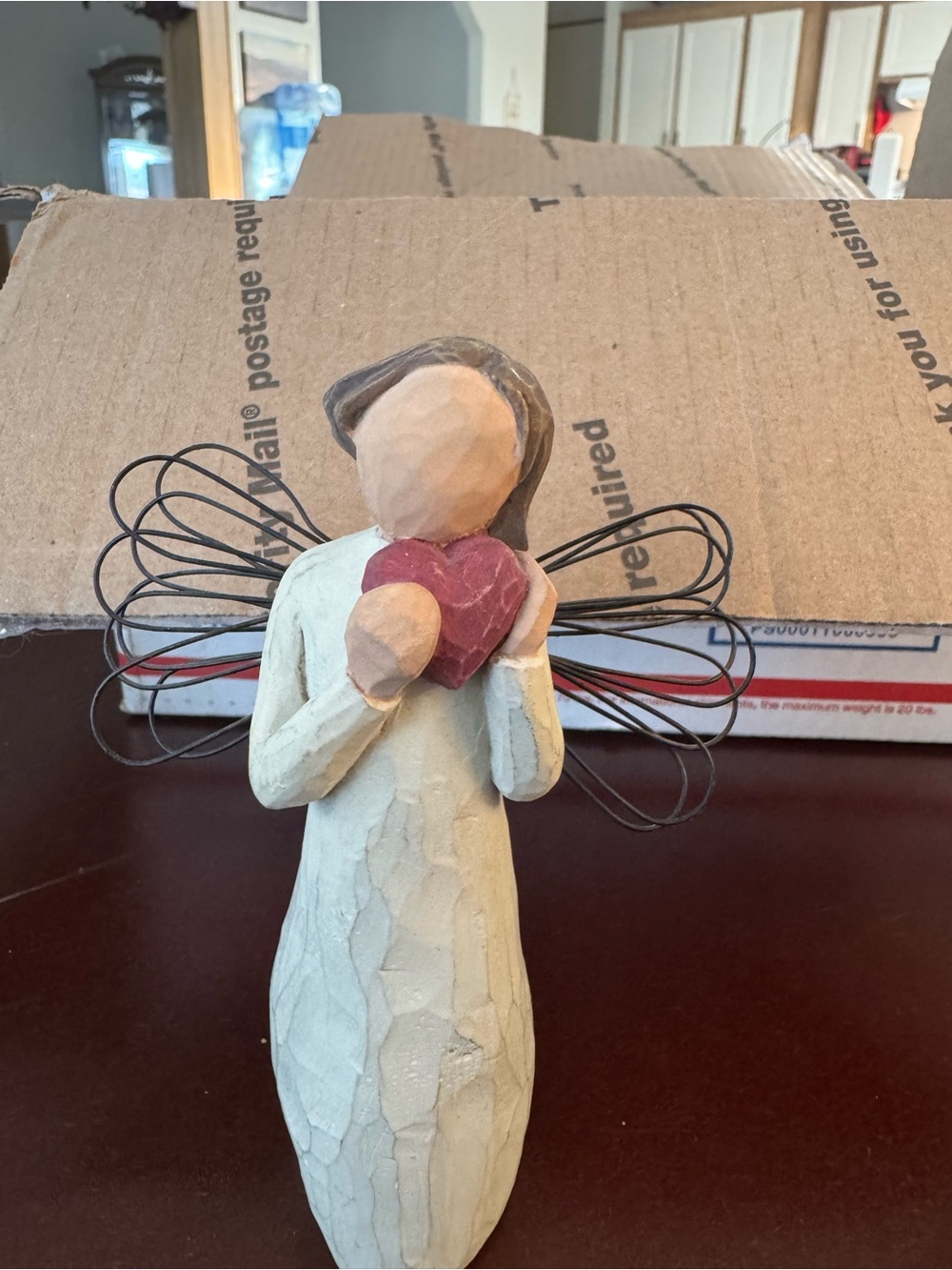 Demdaco Willow Tree Cream Angel Figurine with Red Heart and Black Wire Wings